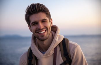 A young man wearing a beige hoodie and backpack smiles outdoors near a body of water at sunset.